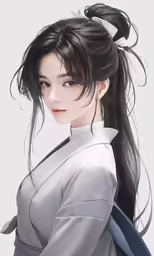 an anime avatar with long dark hair wearing a ponytail