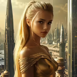 a beautiful blonde woman with long hair standing in front of a cityscape