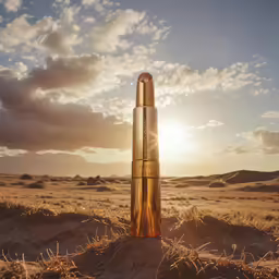 a gold tinted lip is in the sand