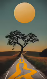 a road has a tree with a huge yellow ball on the top