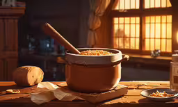 an uncooked bowl and a wooden spoon and some bread,an old - fashioned kitchen with a wooden spoon on the counter and sun shining through the window