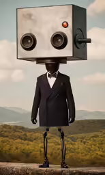 a man wearing a suit stands next to an electronic head