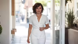 a woman in white is walking down the hallway