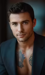 the man has an abstract tattoo on his chest