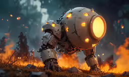 a robot walks away from flames with fire on it