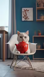 a cat on a chair with a red teapot in its paws