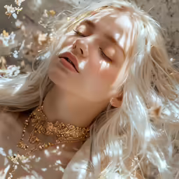 an attractive blond woman with white hair and a gold necklace