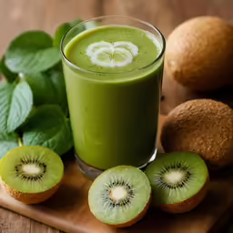 a glass filled with green smoothie next to sliced kiwi