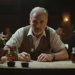 a man sitting at a table with some jars in front of him