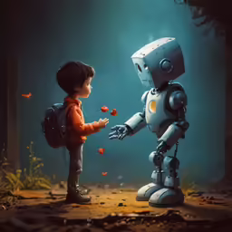 a little boy touching a robot and the man is giving something out to him