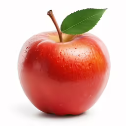 an apple with a leaf and water drops on it