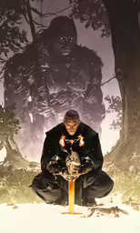 a person sitting down and touching a object near trees