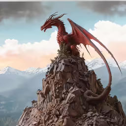 a red dragon statue is on top of a rock