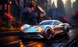 a futuristic car driving in the rain on a city street