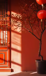 the door is brown in color with two lanterns and an orange tree