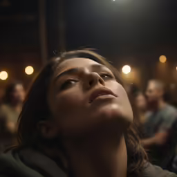 there is a woman in the dark with people behind her