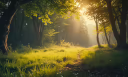 a path through the grass near trees in a forest