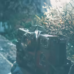 a digital camera is sitting on a table next to some bushes