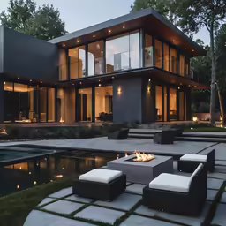 an exterior shot of a modern house in the evening with candles