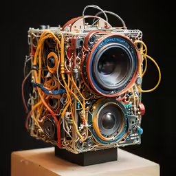a sculpture made with electronics, wires and other electrical parts
