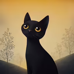 a black cat sitting next to two trees