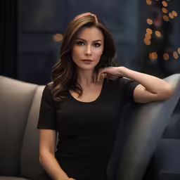 an attractive woman sitting on a couch next to a glass window