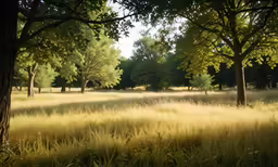 tall grass is shown in the foreground and several trees