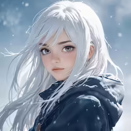 a woman with long white hair and blue eyes