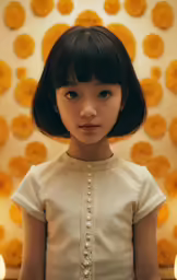 a little girl is standing in front of a background with circles