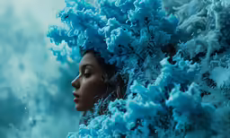a woman with blue hair standing underneath a blue flower