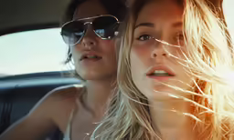 two women sitting in the front seat of a car