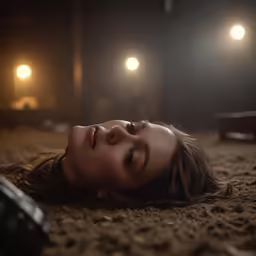 a young woman lying on the ground in the dark