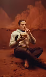man in white hoodie eating desert food next to mountains