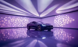 a black mercedes suv is shown inside a dimly lit room