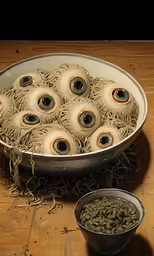 a metal bowl filled with green beans next to two bowls filled with creepy eyes