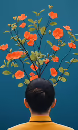 the woman is back against a bright blue background wearing an orange shirt