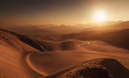 the sun is setting over an arid desert with mountains and hills