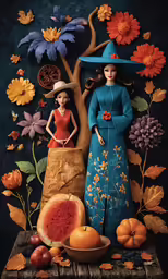 two dolls with long hair sit next to some fruits and flowers