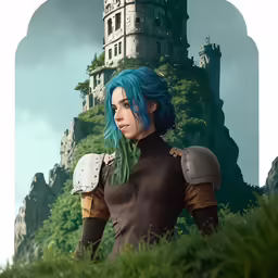 an anime girl in armor with blue hair