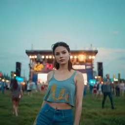 girl standing on the grass in front of a stage