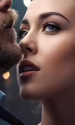 a man and woman kissing and staring at each other