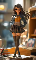 a doll standing on a small table wearing glasses and a skirt