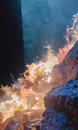 fire blazing next to some rocks and water