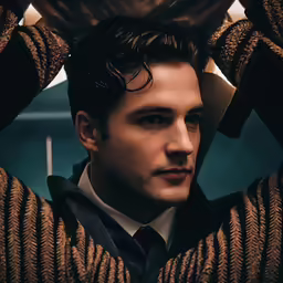 a man in a sweater is holding his arms on his head