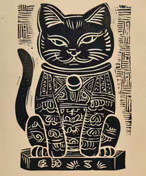a black cat sitting on top of a wood block,an intricate print on a piece of paper featuring a cat wearing a collar