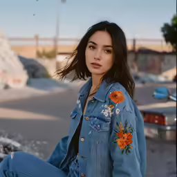 a woman with flower applique on her jacket