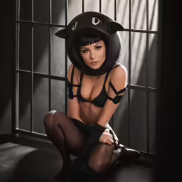 a woman in a cat suit is sitting in jail
