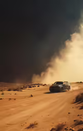 a truck driving down a dirt road under a large black cloud