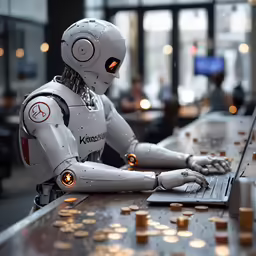 a robot sitting at a desk working on a computer