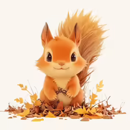 a little stuffed squirrel is surrounded by leaves